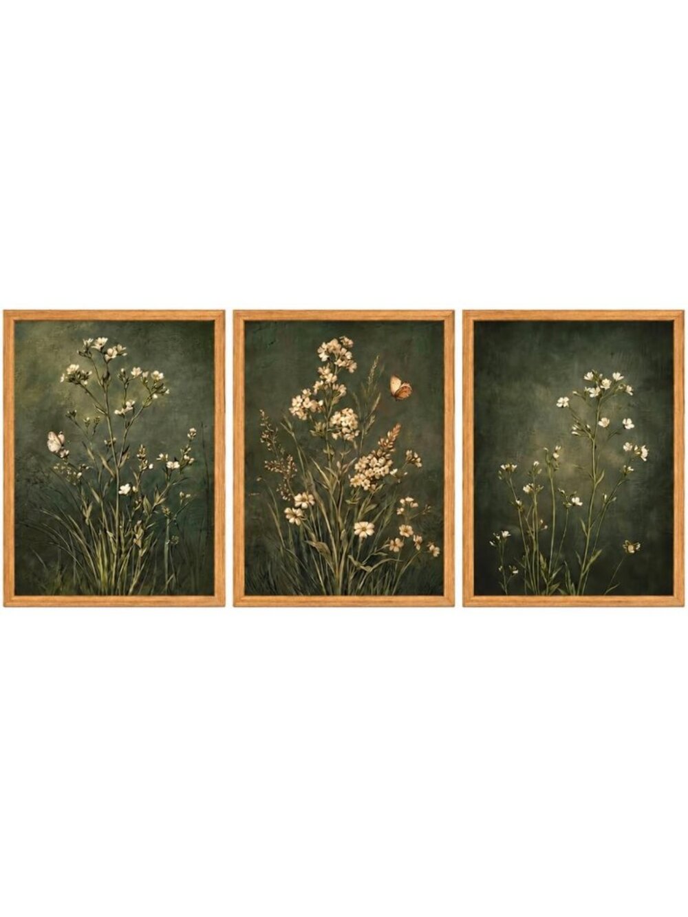 Vintage Floral Botanical Canvas Wall Art Set - 3 Framed Prints, Dark Green 16x12